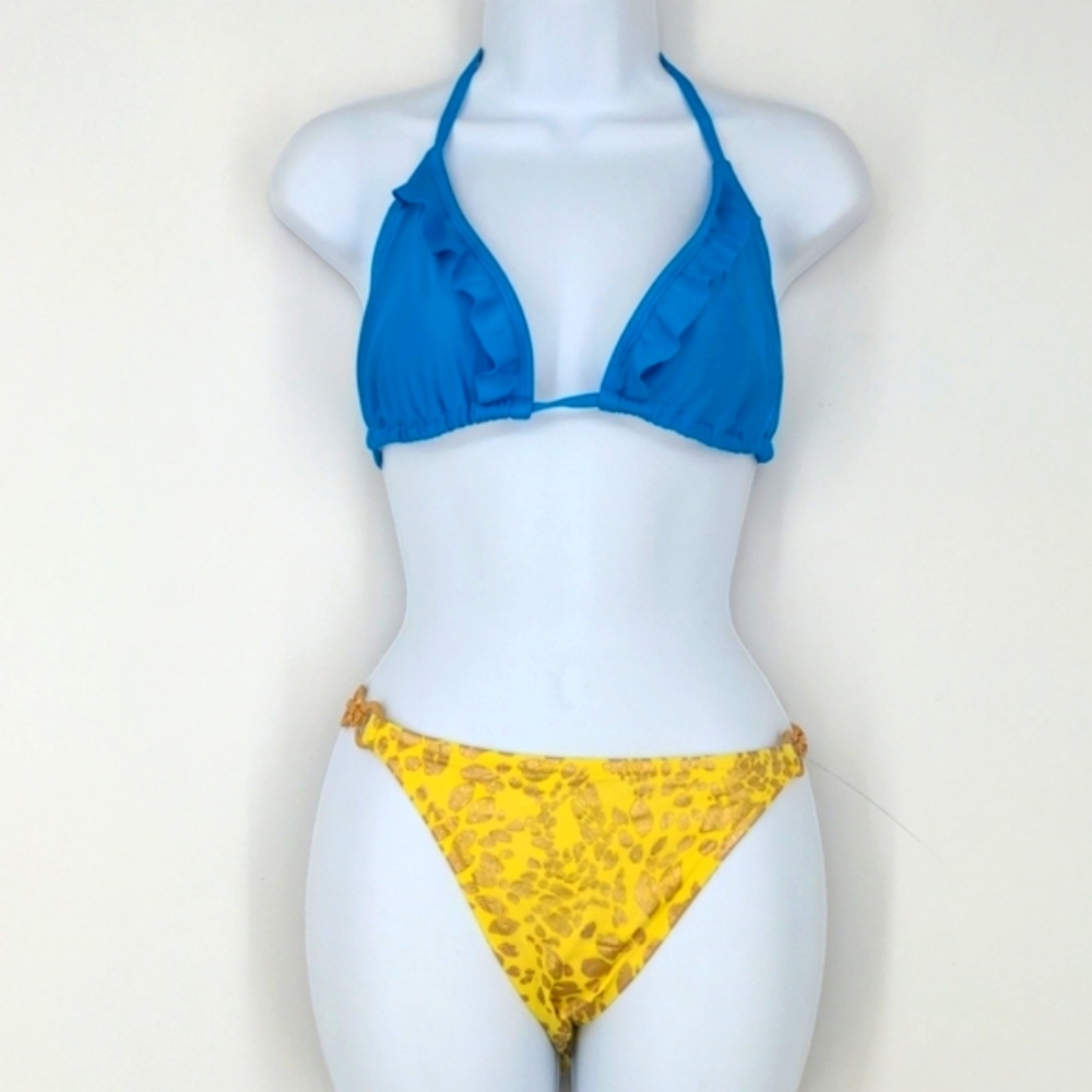 Victoria's Secret Cheetah Print Yellow Blue Ruffle Bikini Set Large XL Summer